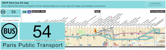 Paris bus 54 map with stops and connections