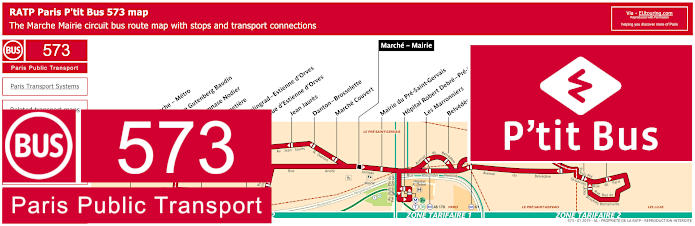 Paris P'tit Bus 573 map with stops and connections