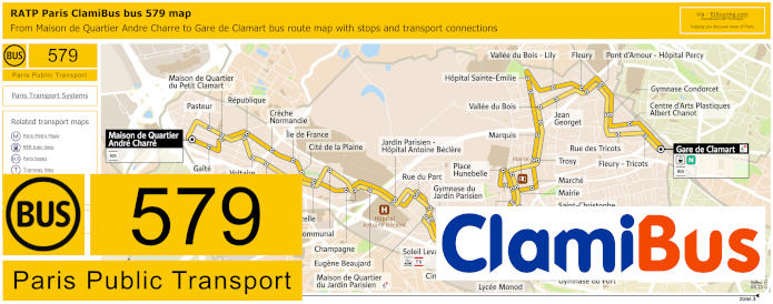 Paris ClamiBus bus 579 map with stops and connections