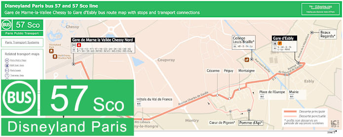 Disneyland Paris bus 57 and 57 Sco map with stops and connections