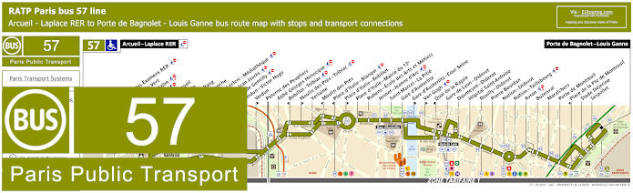 Paris bus 57 map with stops and connections