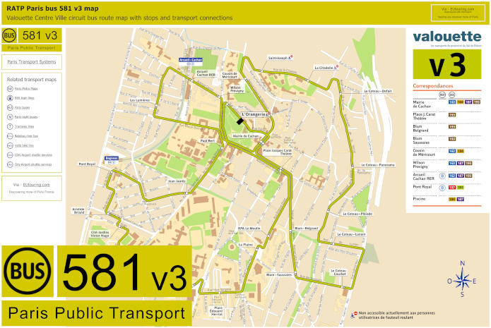 Paris bus 581 v3 map with stops and connections