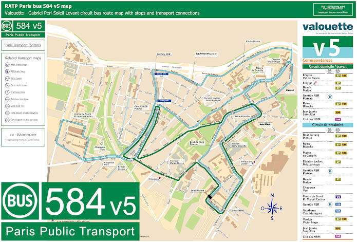 Paris bus 584 v5 map with stops and connections
