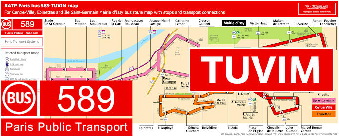 Paris bus 589 TUVIM map with stops and connections