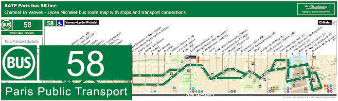 Paris bus 58 map with stops and connections