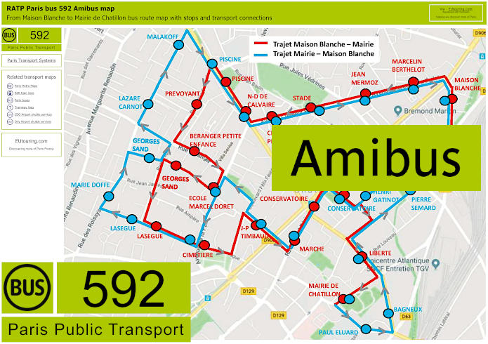 Paris bus 592 Amibus map with stops and connections