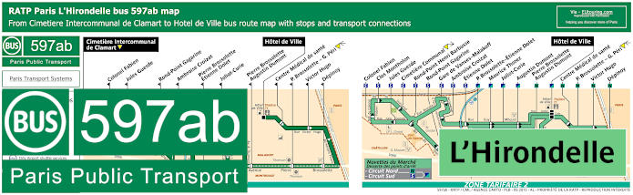 Paris L'Hirondelle bus 597ab map with stops and connections