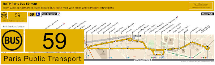 Paris bus 59 map with stops and connections