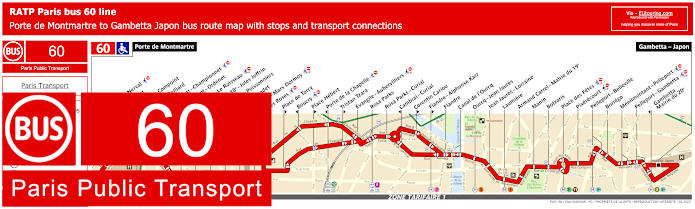 Paris bus 60 map with stops and connections