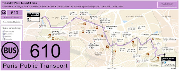 Paris bus 610 map with stops and connections