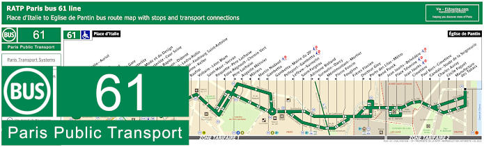 Paris bus 61 map with stops and connections