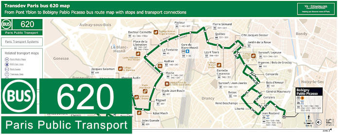 Paris bus 620 map with stops and connections