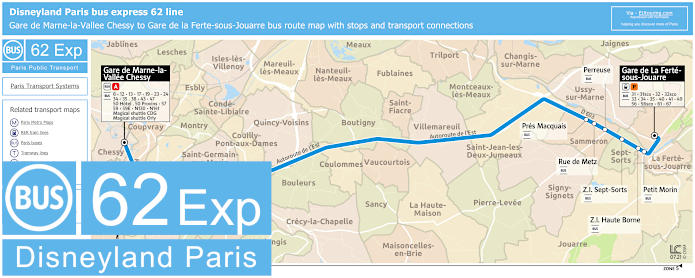 Disneyland Paris Bus Express 62 map with stops and connections