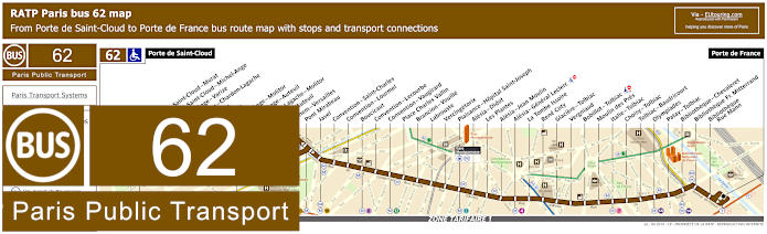 Paris bus 62 map with stops and connections