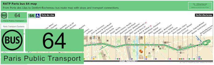 Paris bus 64 map with stops and connections