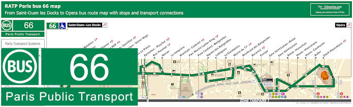 Paris bus 66 map with stops and connections