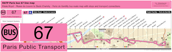 Paris bus 67 map with stops and connections