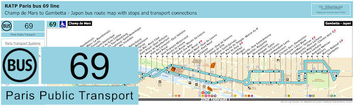 Paris bus 69 map with stops and connections