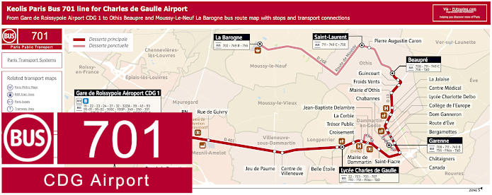 Paris Bus 701 map Airport CDG 1 to Othis Beaupre