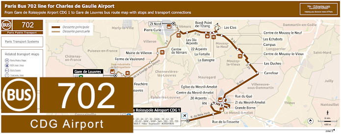 Paris Bus 702 map Airport CDG 1 to Gare de Louvres