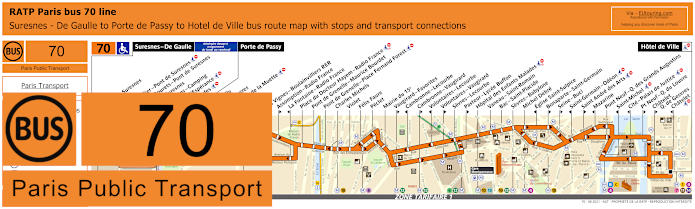 Paris bus 70 map with stops and connections