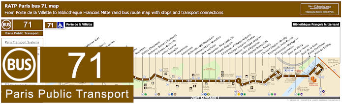 Paris bus line 71 map with stops and connections