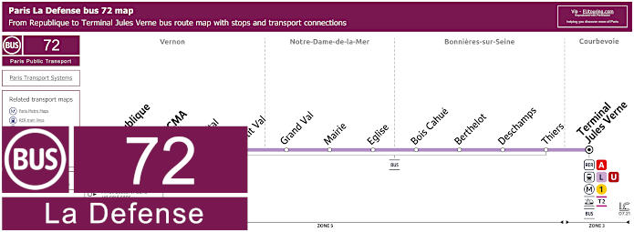 Paris Defense bus 72 map with stops and connections