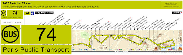 Paris bus 74 map with stops and connections