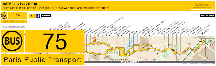 Paris bus 75 map with stops and connections