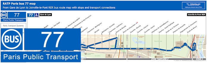 Paris bus 77 map with stops and connections