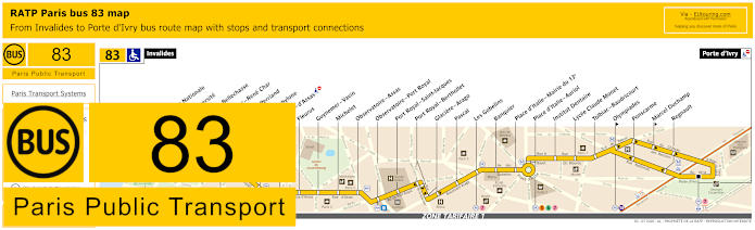 Paris bus 83 map with stops and connections