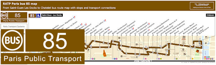 Paris bus 85 map with stops and connections