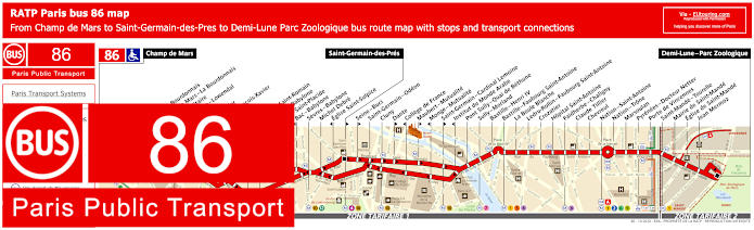Paris bus 86 map with stops and connections