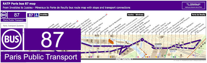 Paris bus line 87 map with stops and connections