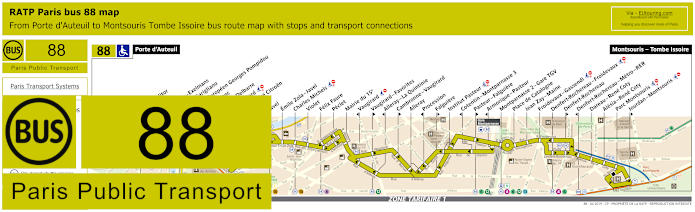 Paris bus 88 map with stops and connections