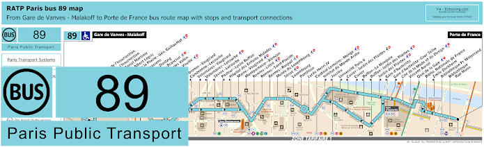 Paris bus 89 map with stops and connections