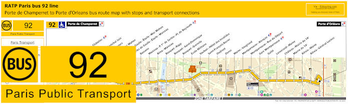 Paris bus 92 map with stops and connections