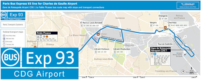 Paris Bus Express 93 map Airport CDG 1 to Pablo Picasso