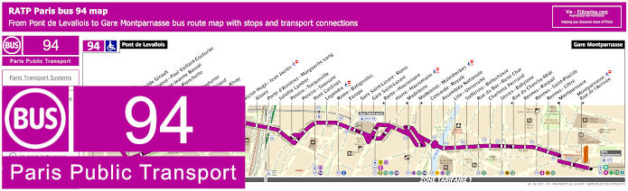 Paris bus 94 map with stops and connections