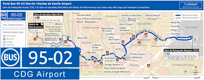 Paris Bus 95-02 map Airport CDG 1 to Gare de Survilliers Fosses