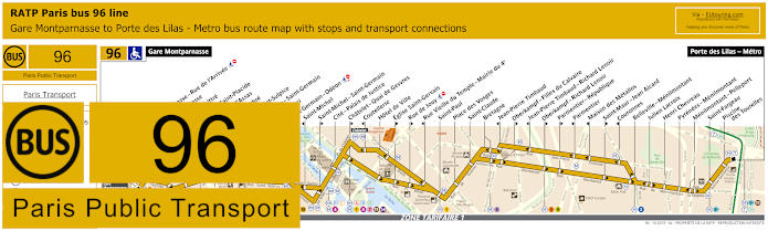 Paris bus 96 map with stops and connections