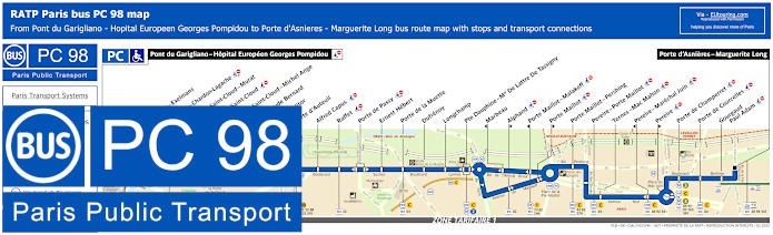 Paris bus PC 98 map with stops and connections