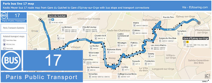 Paris Keolis Meyer bus 17 map Gare du Guichet to Gare d'Epinay-sur-Orge