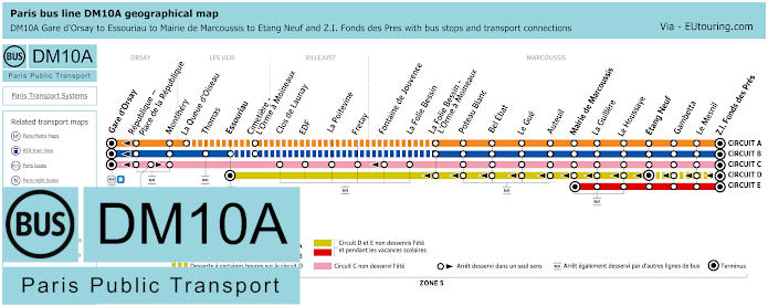 Paris bus DM10A map Gare d'Orsay to Z.I. Fonds des Pres