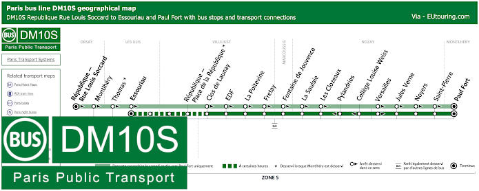 Paris bus DM10S map Republique, Essouriau and Paul Fort