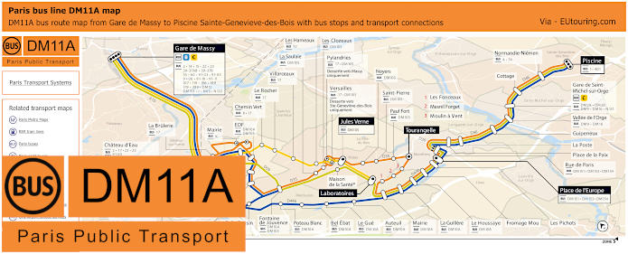 Paris bus DM11A map Gare de Massy to Piscine Sainte-Genevieve-des-Bois