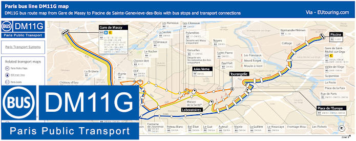 Paris bus DM11G map Gare de Massy to Piscine de Sainte-Genevieve-des-Bois