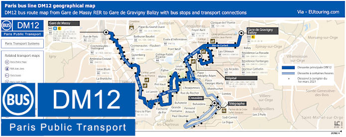 Paris DM12 bus map Gare de Massy to Gare de Gravigny Balizy