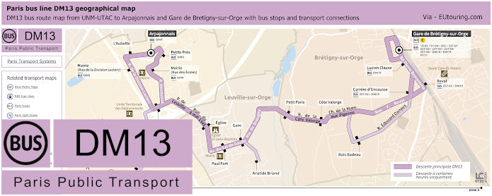 Paris DM13 bus map UNM-UTAC to Arpajonnais and Gare de Bretigny-sur-Orge