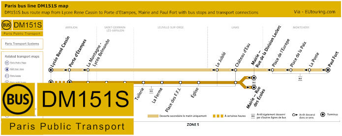 Paris bus DM151S map Lycee Rene Cassin to Porte d'Etampes, Mairie and Paul Fort